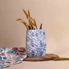 Blue textured leaf imprint vase with elegant design


