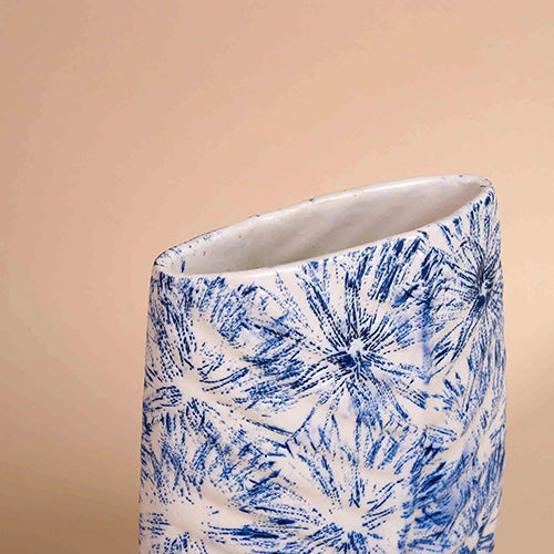 Leaf imprint flower vase in a rich blue finish

