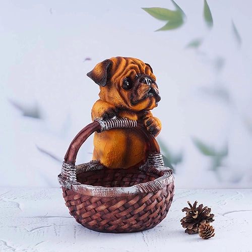 Adorable brown puppy basket figurine with charming details

