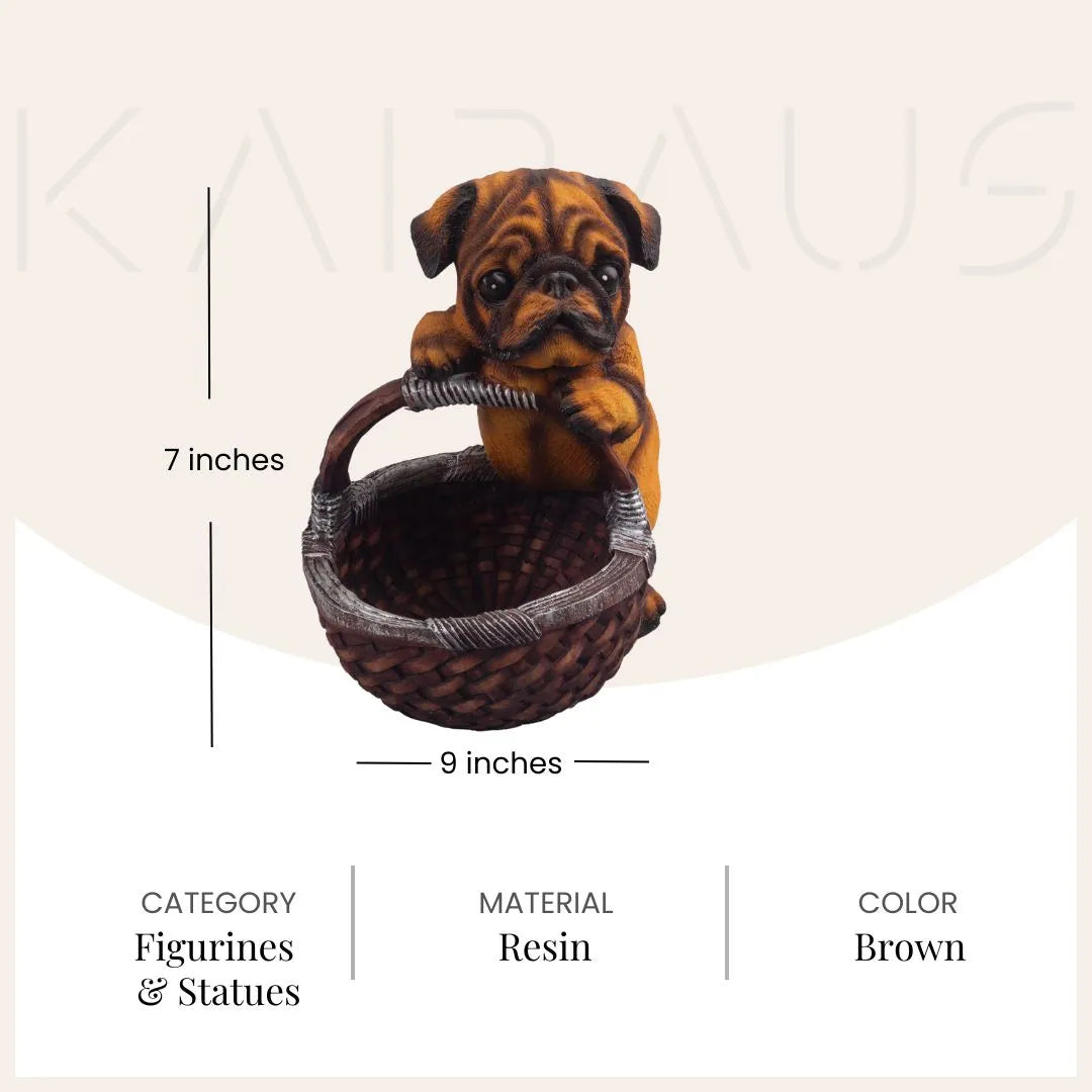 Brown puppy nestled in a decorative basket sculpture

