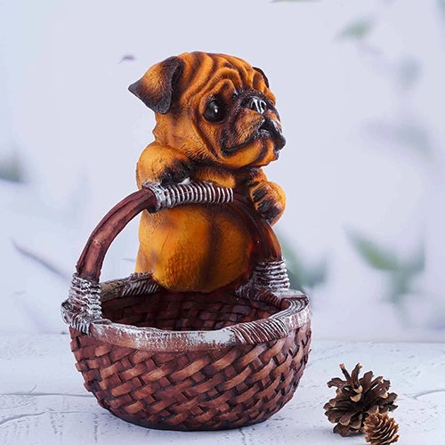Cute brown puppy and basket statue for home decoration

