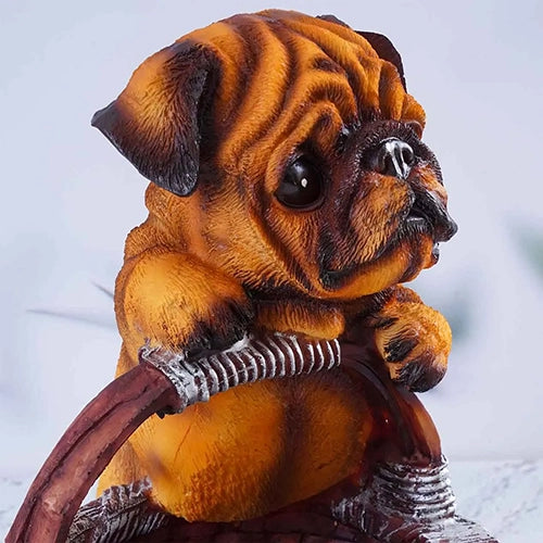 Playful brown puppy figurine inside a woven basket

