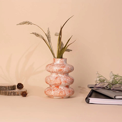 Decorative tri-ring vase in a warm burnt orange finish

