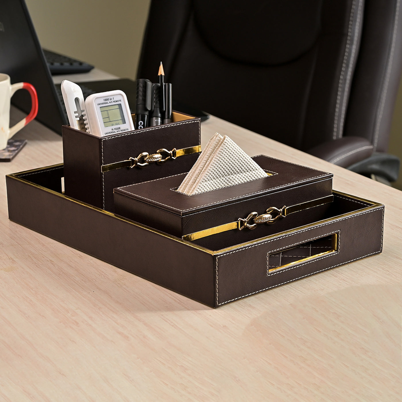 Premium Maroon Leather Desk Organiser Set