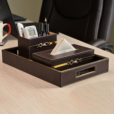 Premium Maroon Leather Desk Organiser Set