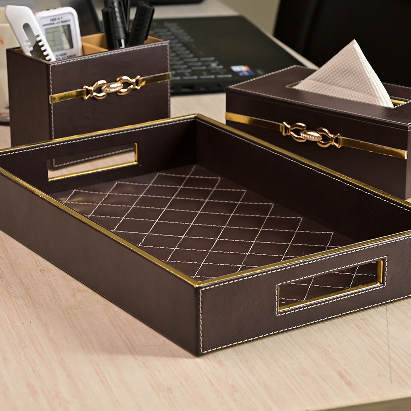 Premium Maroon Leather Desk Organiser Set