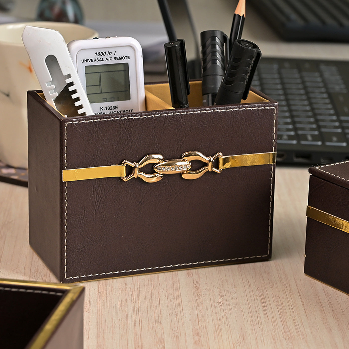 Premium Maroon Leather Desk Organiser Set