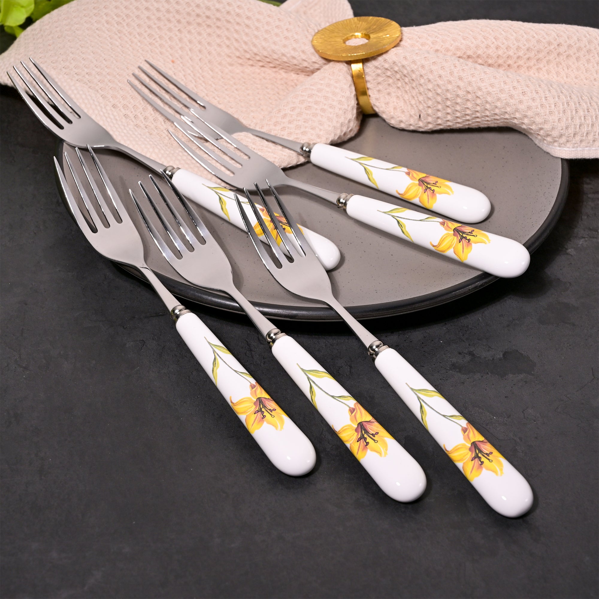 Ceramic and steel sunray floral forks set of 6

