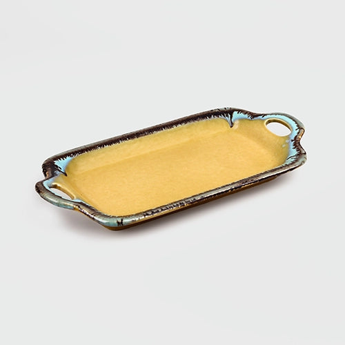 Beige ceramic platter for serving food

