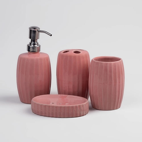 Glossy ceramic bathroom accessories set with striped pattern

