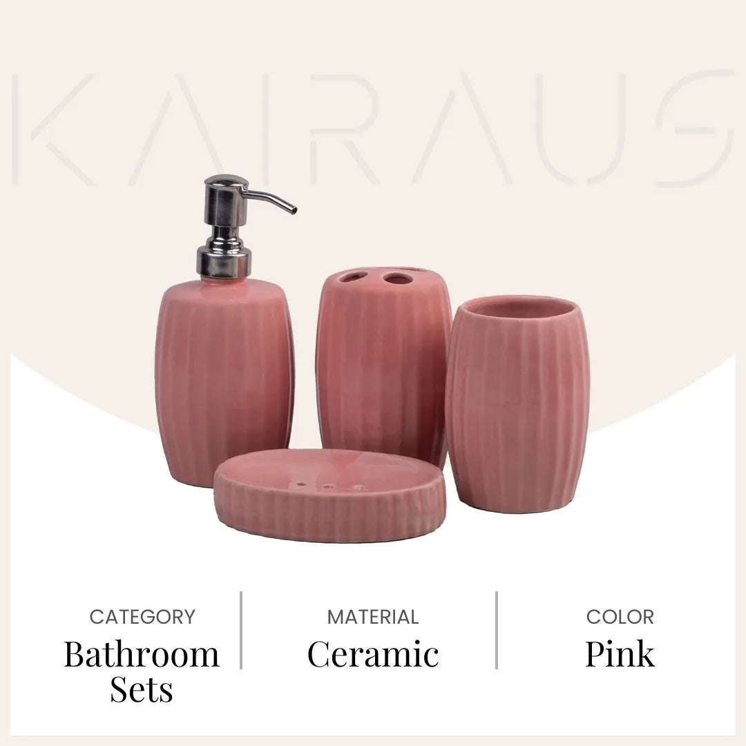 Sophisticated ceramic bath accessory set with striped detailing

