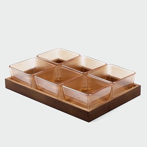 Brown glass serving bowl and tray set

