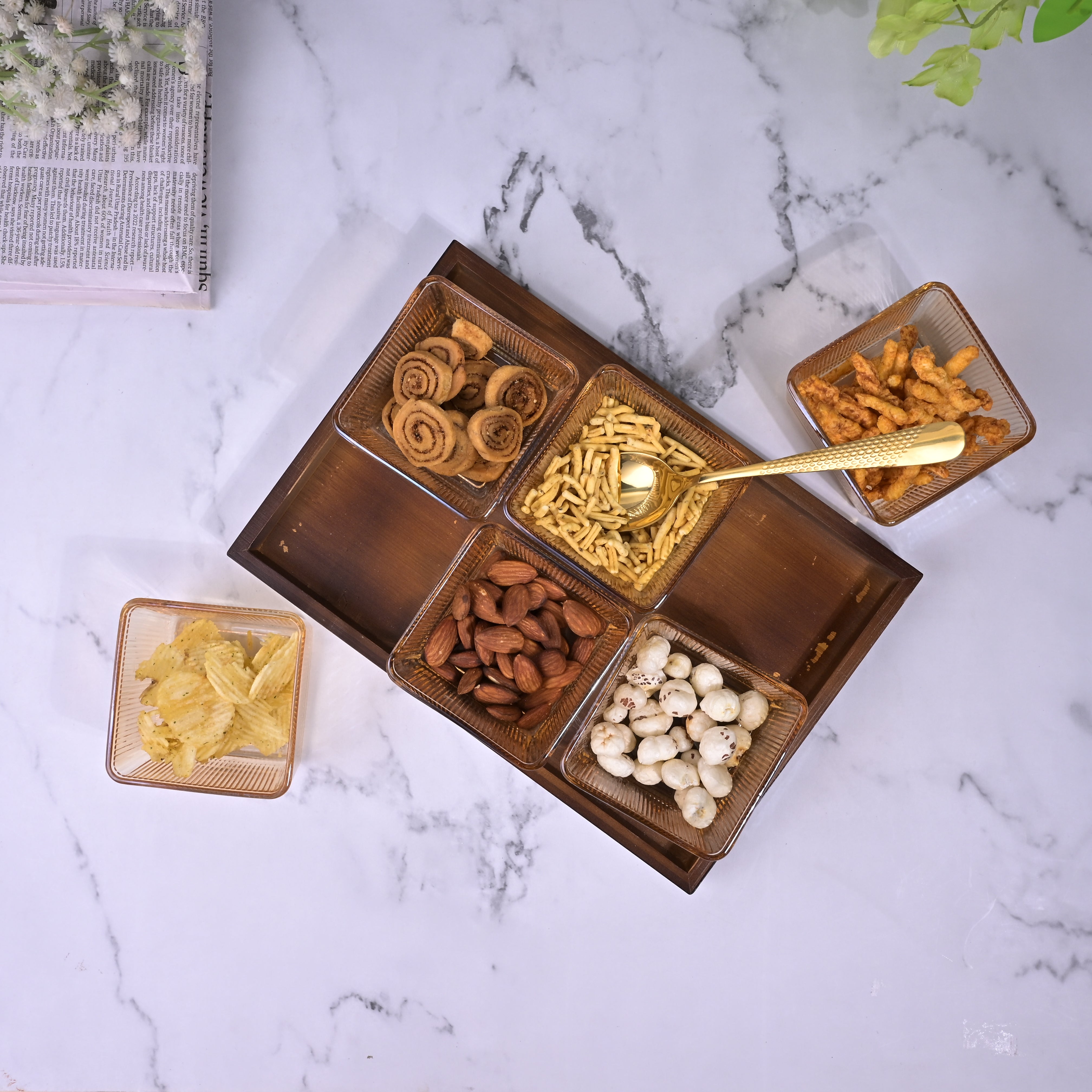 Elegant brown glass serving set close-up

