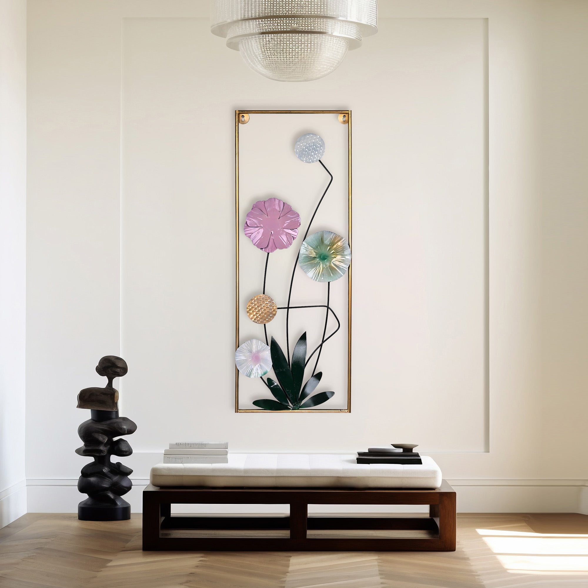 Elegant metal wall decor featuring intricate floral designs

