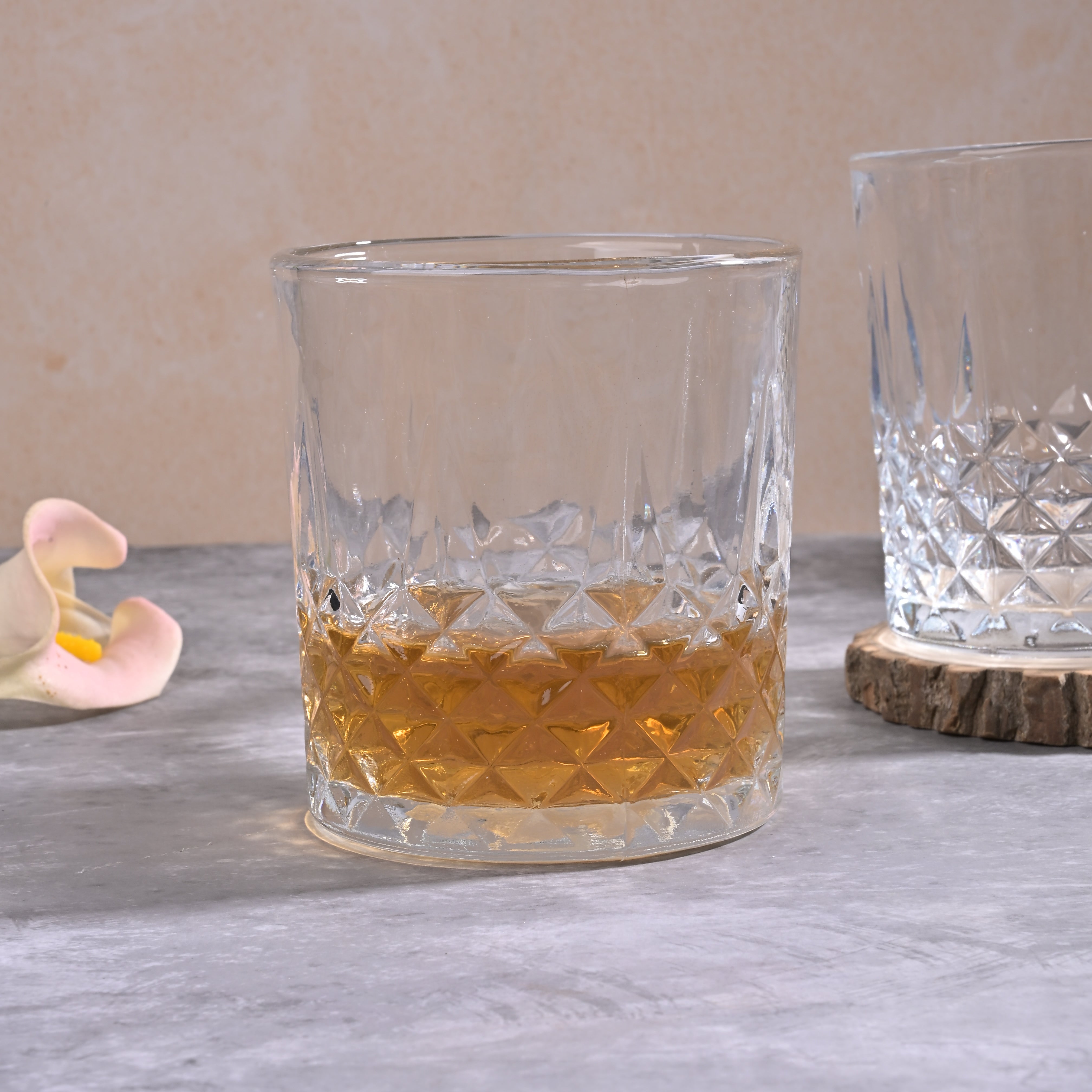 Close-up of classic whiskey glass detailing

