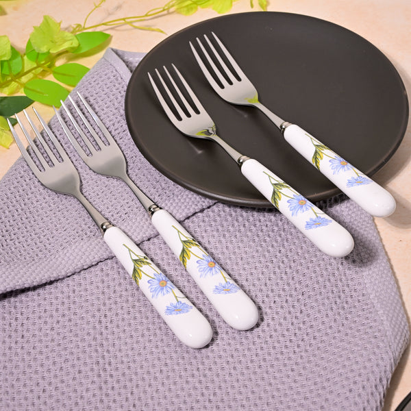 Ceramic Handled Daisies Design Forks (Set of 4)
