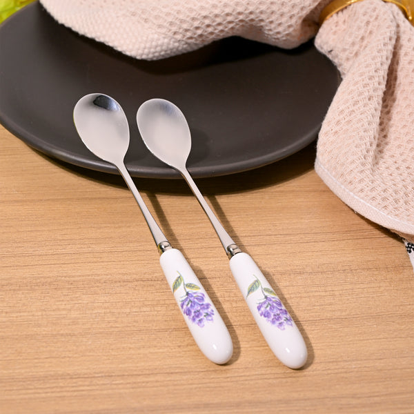 Stylish Lavender Bloom Ceramic-Handled Dessert Spoons (Set of 2)