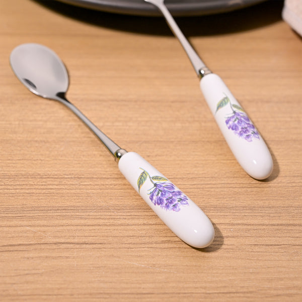 Stylish Lavender Bloom Ceramic-Handled Dessert Spoons (Set of 2)