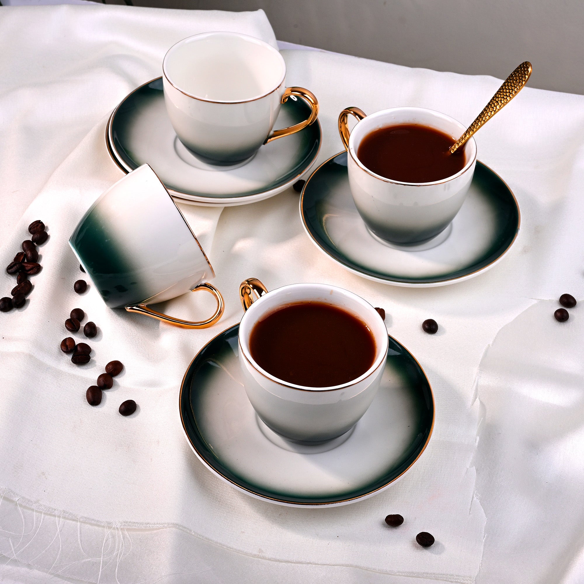 Opulent Gold Trim Cup and Saucer Set of 4 Side View – Kairaus