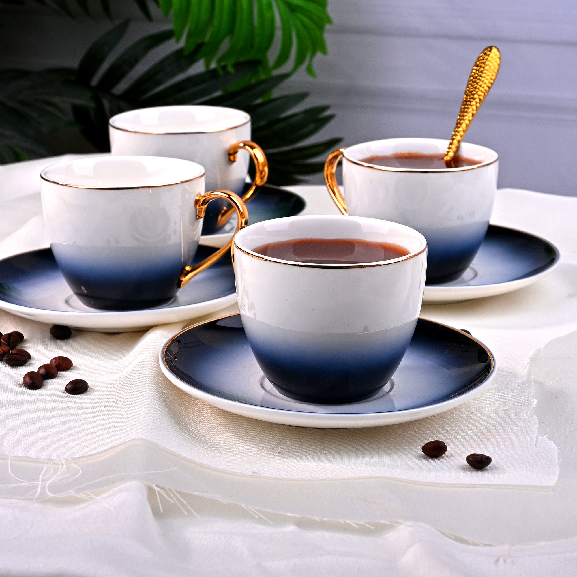 Luxury Blue Porcelain Tea Cup Set of 4