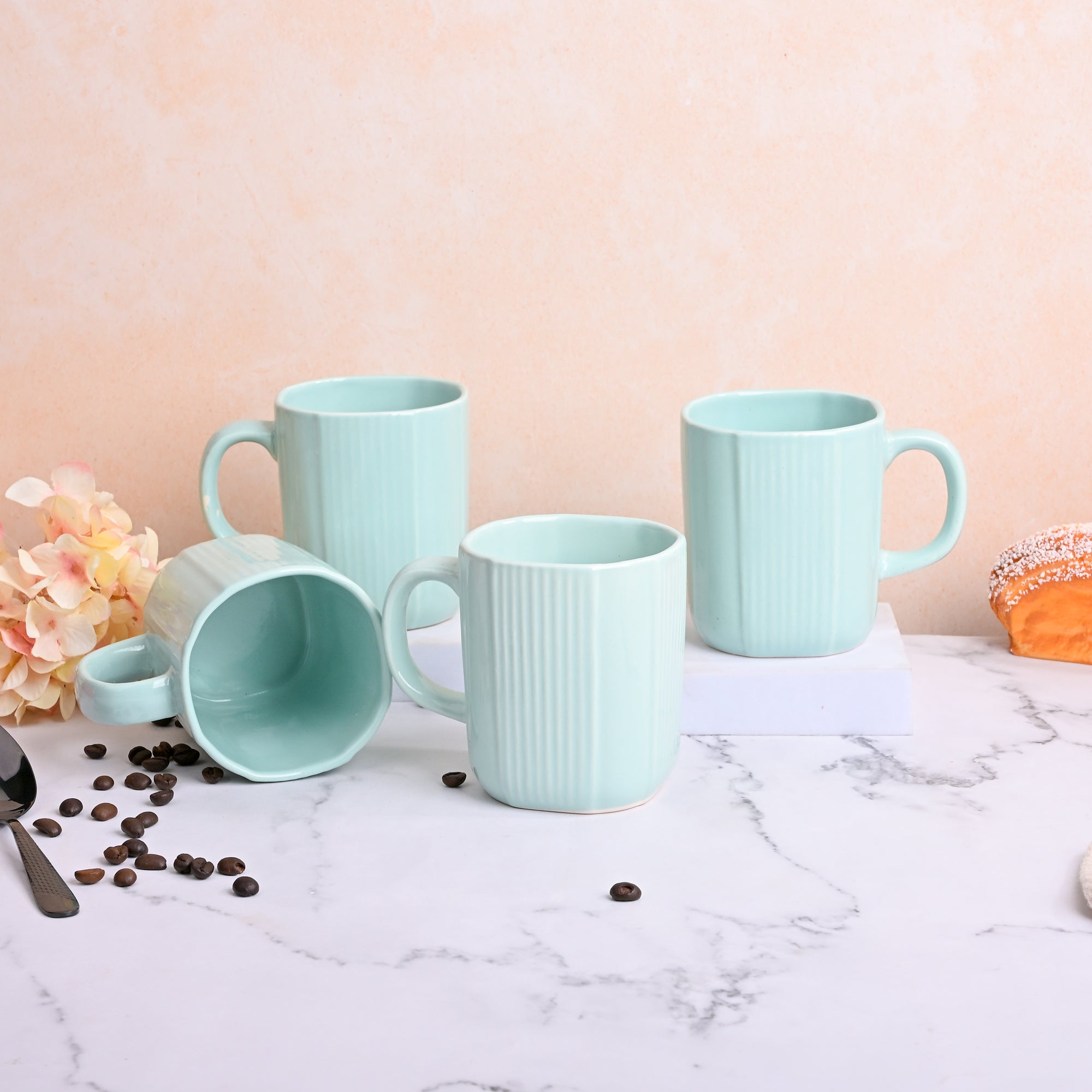 Light Green Unique Ceramic Coffee Mug Set of 4