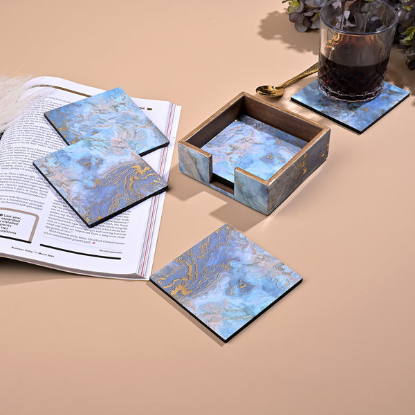 Elegant Blue Wooden Table Coasters (Set of 6)