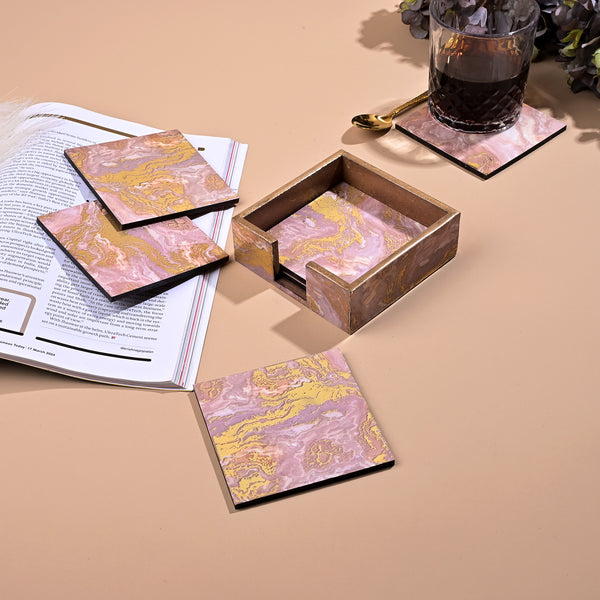 Elegant Pink Wooden Square Coasters (Set of 6)