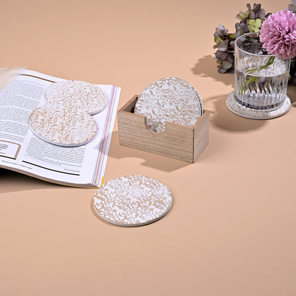 Stylish Gold-White Wooden Round Coasters (Set of 6)