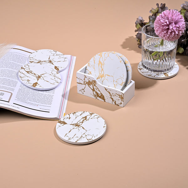 Premium White and Gold Wooden Coasters (Set of 6)