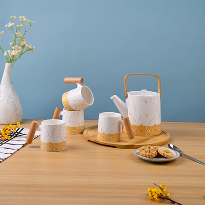 Bronze Decor White Ceramic Tea Set Close Up – Kairaus
