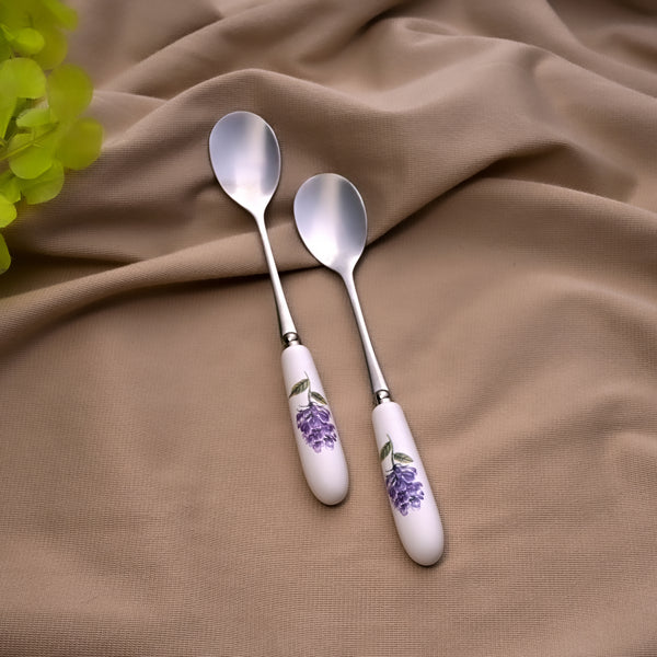 Stylish Lavender Bloom Ceramic-Handled Dessert Spoons (Set of 2)