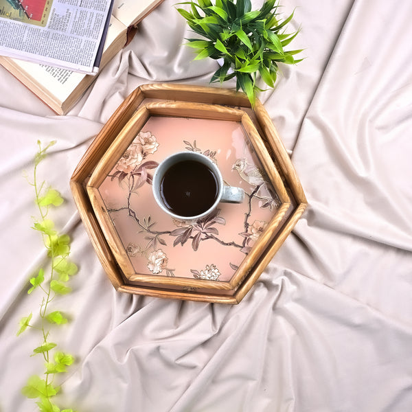 Hexagonal Floral Wooden Tray (Set of 2)