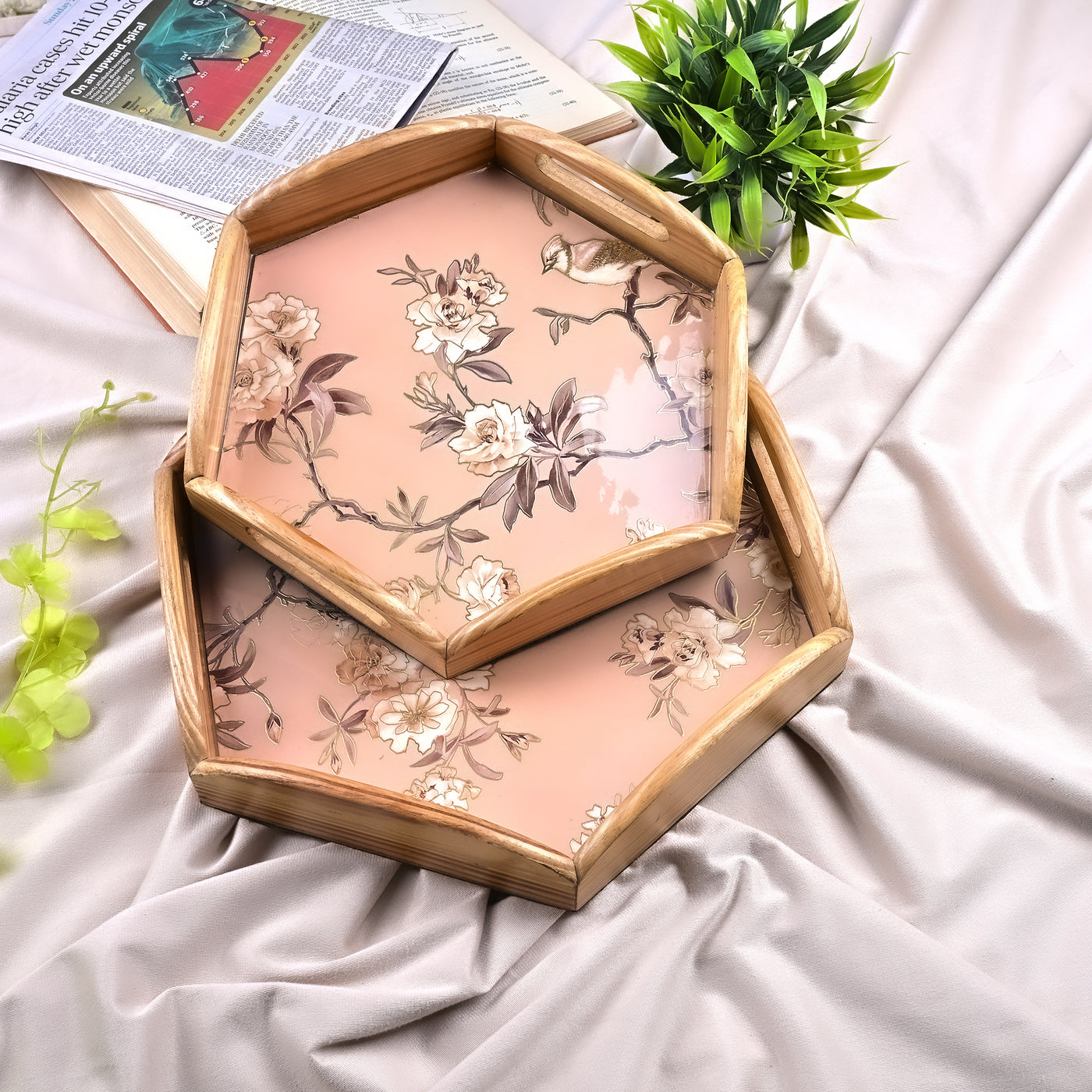 Hexagonal Floral Wooden Tray (Set of 2)