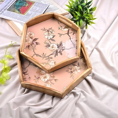 Hexagonal Floral Wooden Tray (Set of 2)