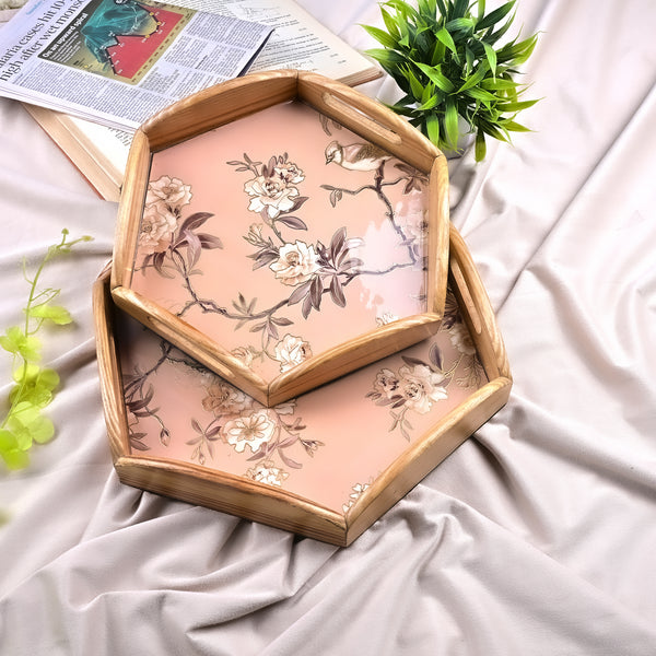 Hexagonal Floral Wooden Tray (Set of 2)