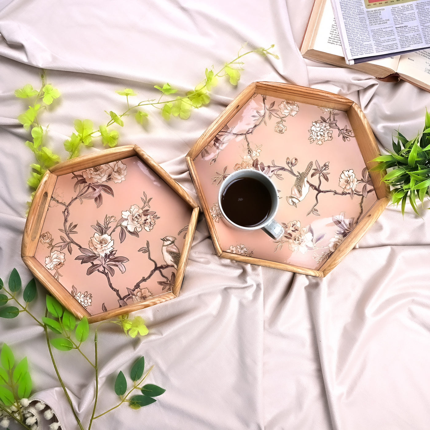 Hexagonal Floral Wooden Tray (Set of 2)