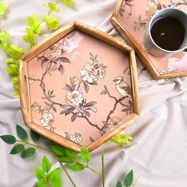 Hexagonal Floral Wooden Tray (Set of 2)