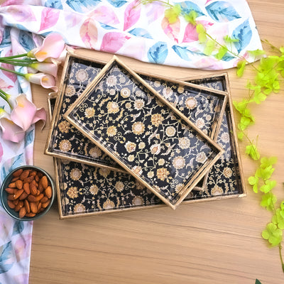 Persian Floral Black & Gold Serving Tray (Set of 3)