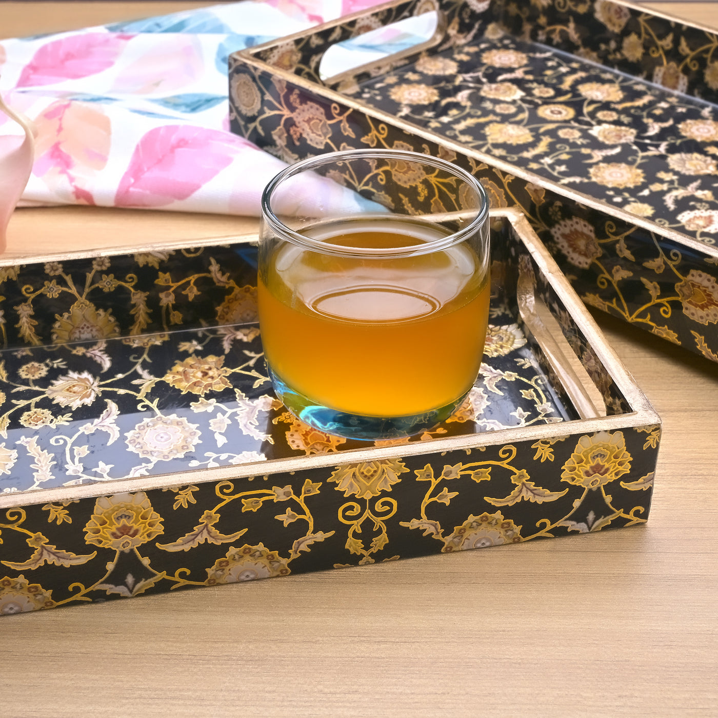 Persian Floral Black & Gold Serving Tray (Set of 3)