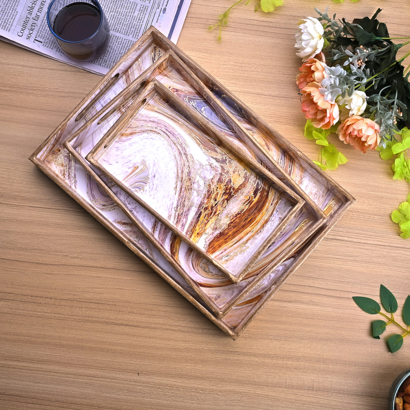 Swirling Marble Wooden Tray (Set of 3)