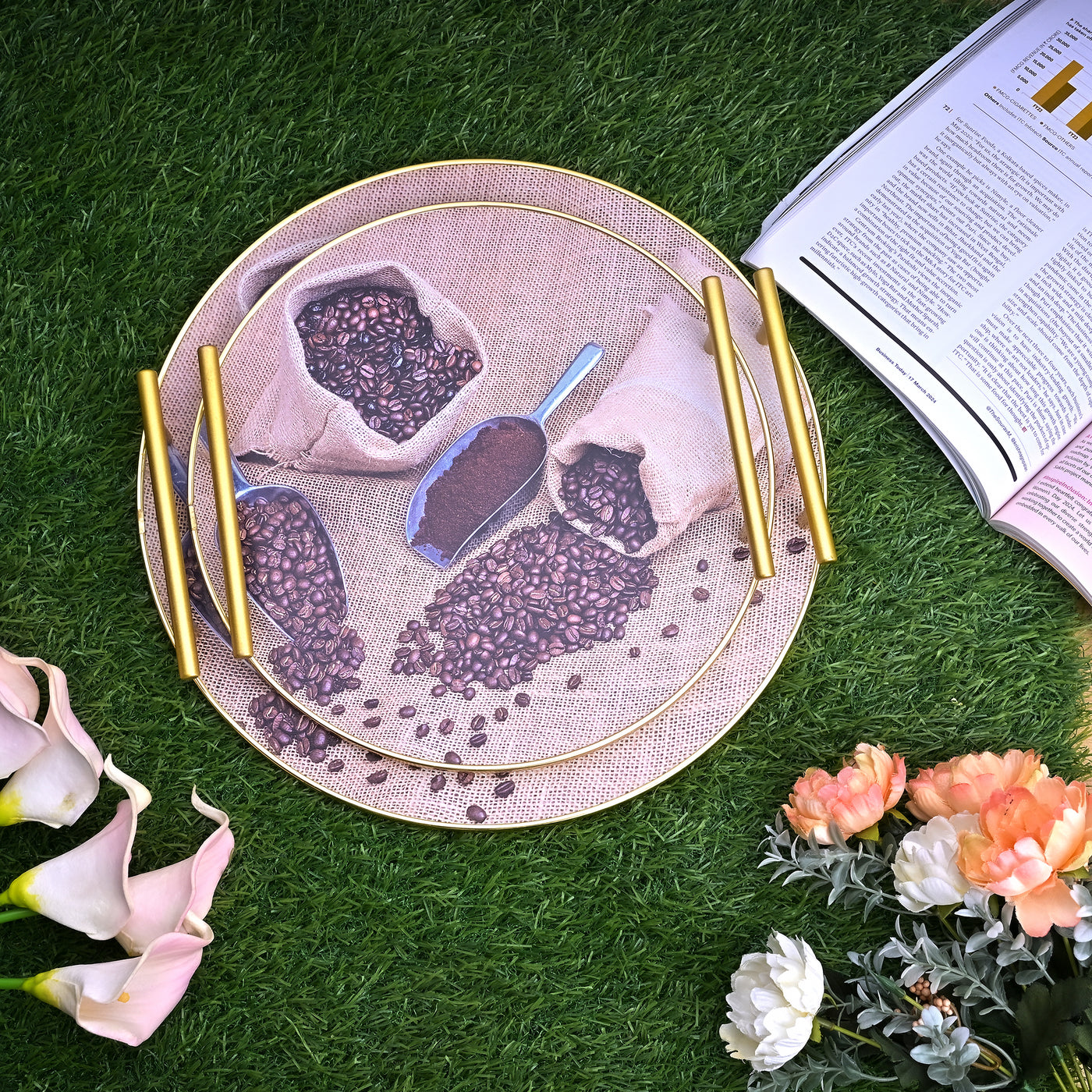 Coffee Beans Printed Round Tray (Set of 2)