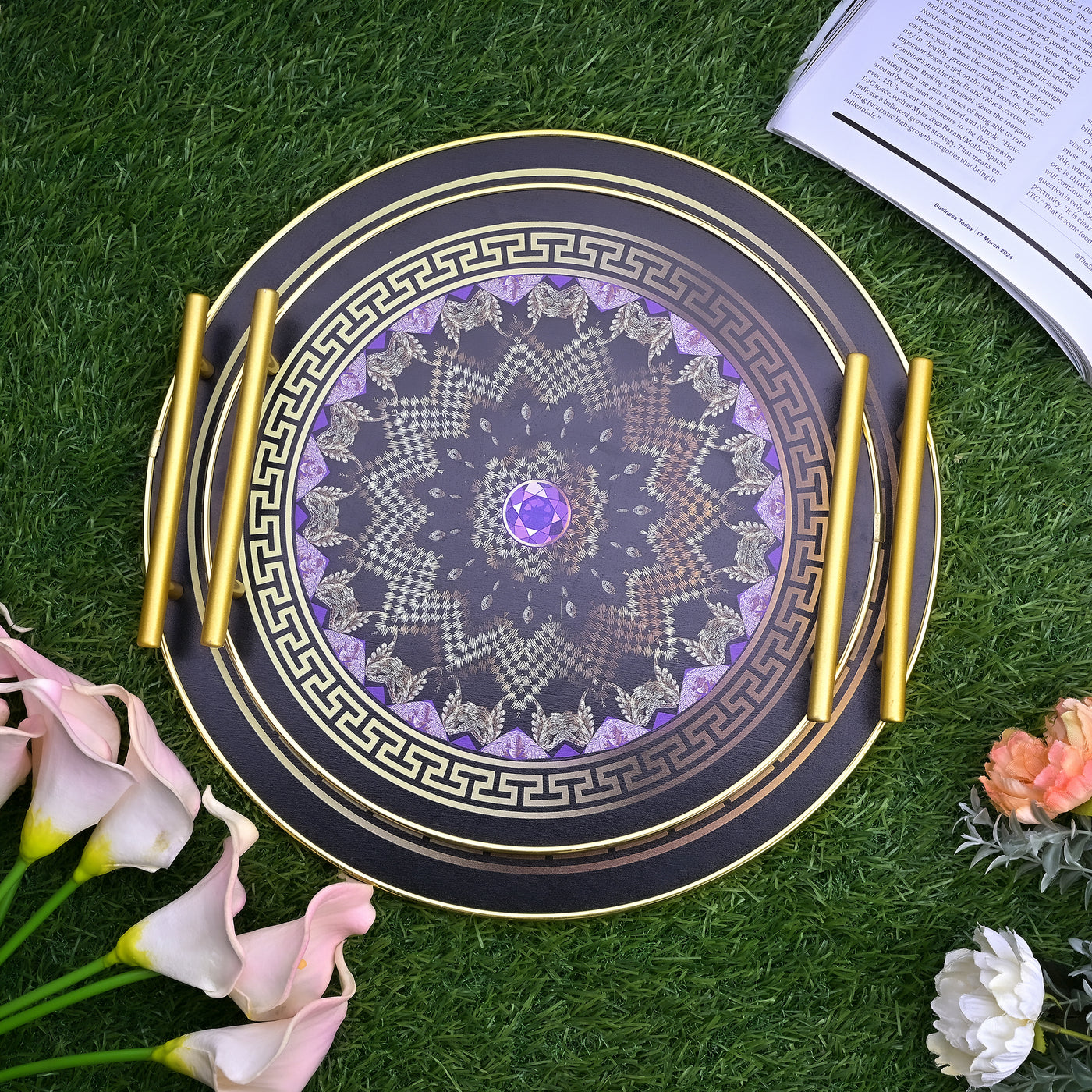European Luxury Mandala Print Round Tray (Set of 2)