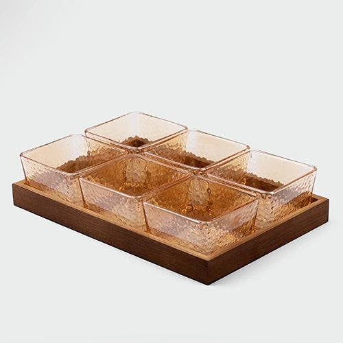 Square glass serving bowl set with tray

