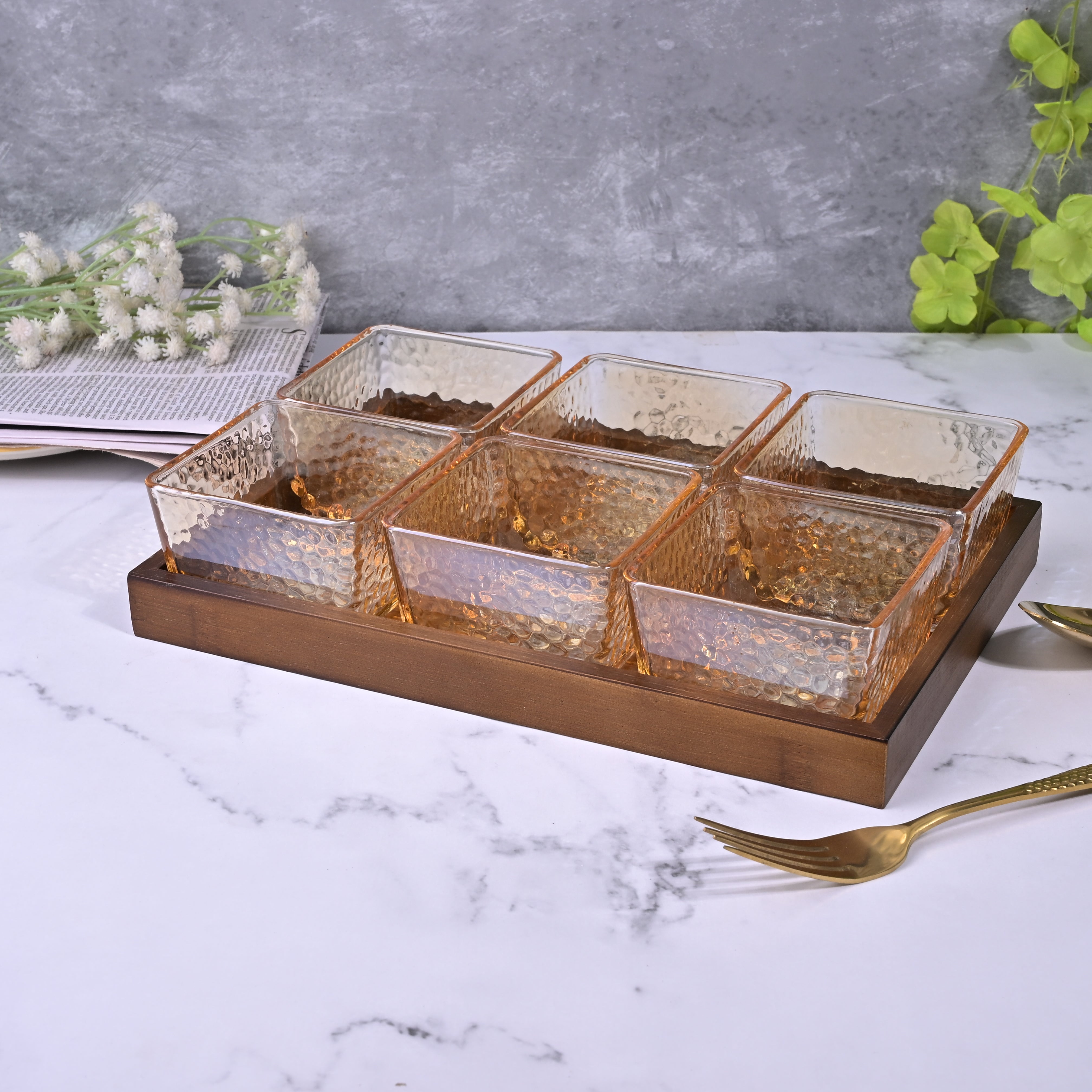 Decorative glass serving bowls with matching tray

