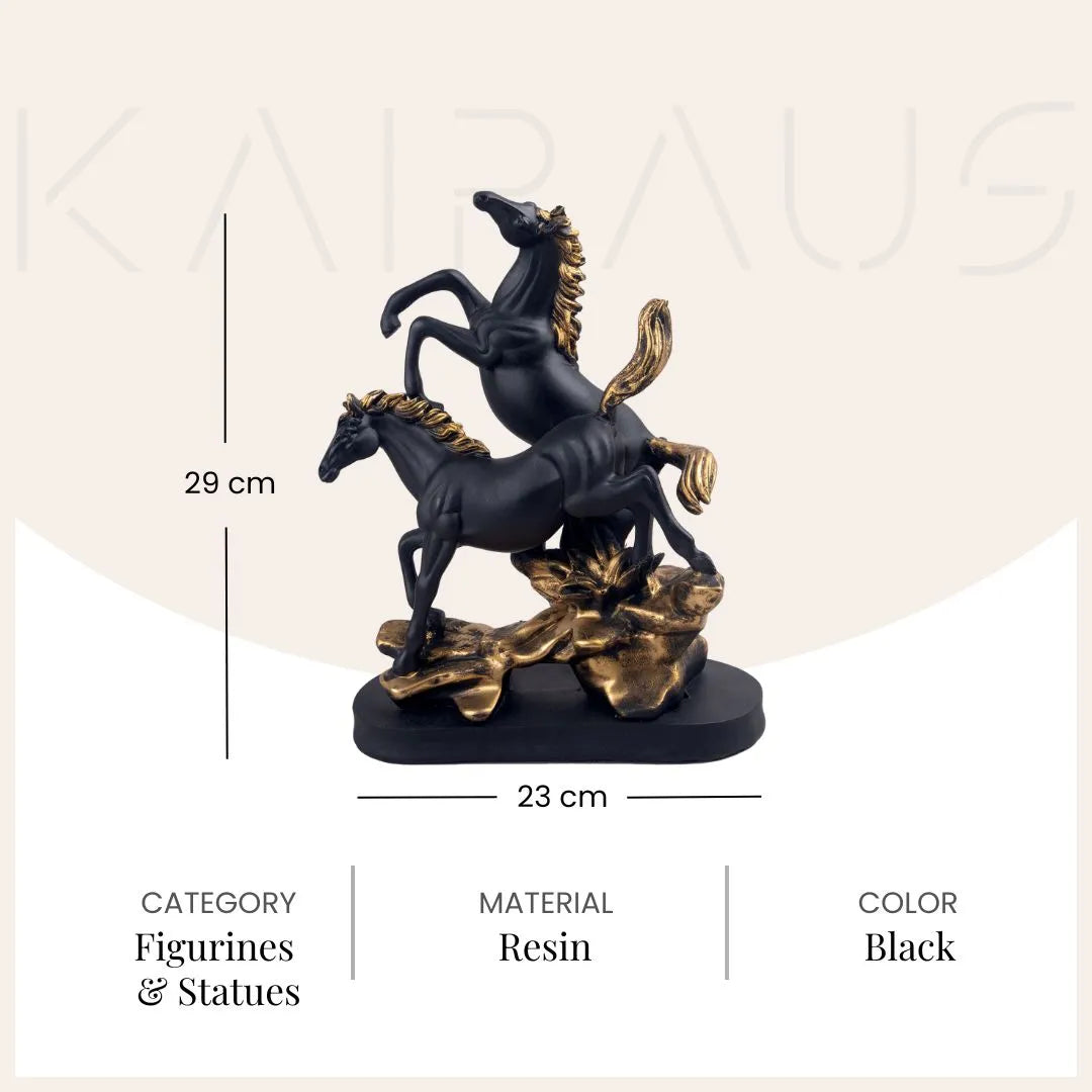 Decorative black-golden horse duo statue with intricate details

