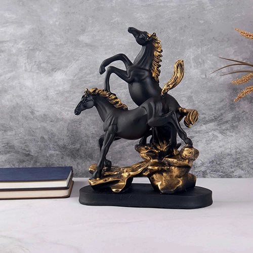 Ornamental pair of black-golden horse statues

