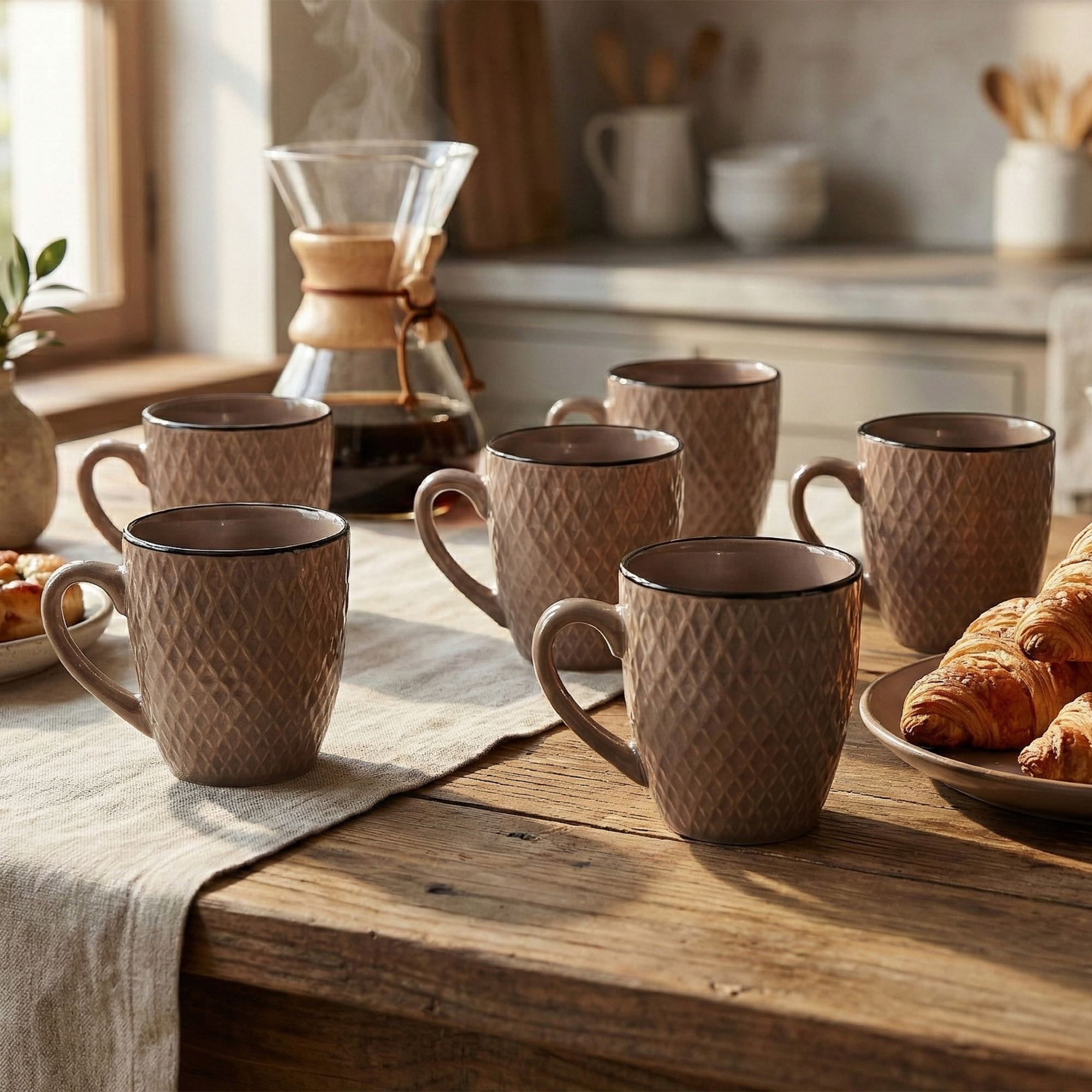 Earthy Brown Patterned Ceramic Coffee Mug Set of 6

