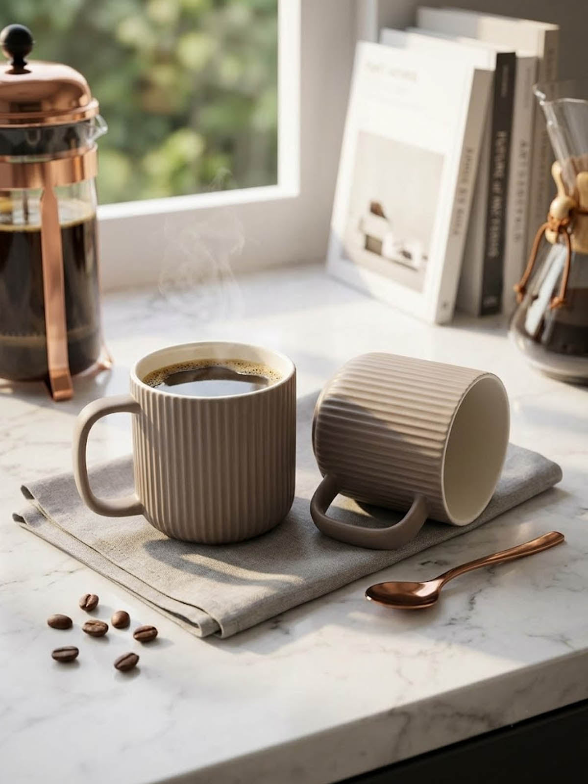 Earthy Ribbed New Bone China coffee mug set of 2


