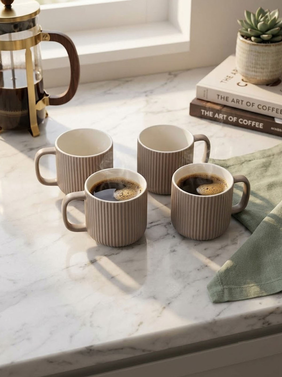 Earthy Ribbed New Bone China coffee mug set of 4

