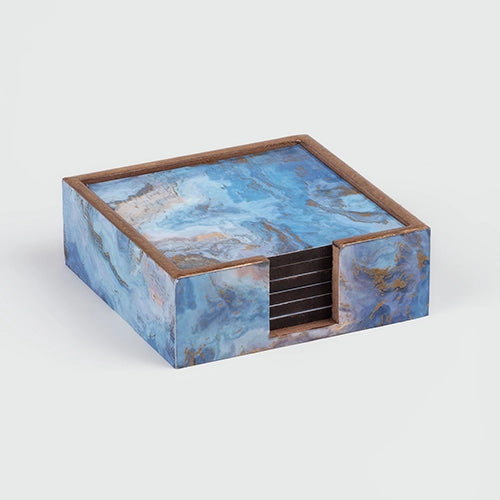 Set of six elegant blue wooden table coasters

